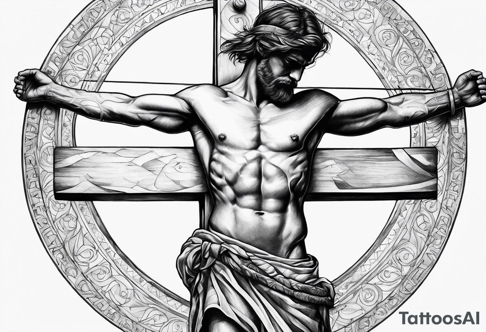 Crucified man in rom
an numerals circle tattoo idea