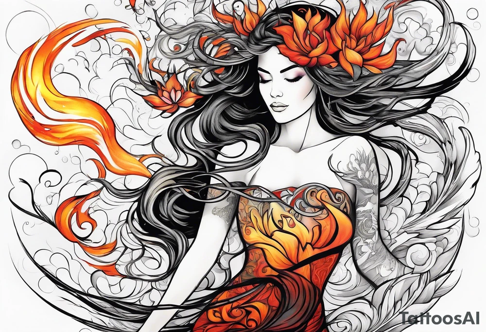 Resurrection strength and courage Beautiful Woman walking through fire and chaos to inner peace and self-love  ethereal tattoo idea
