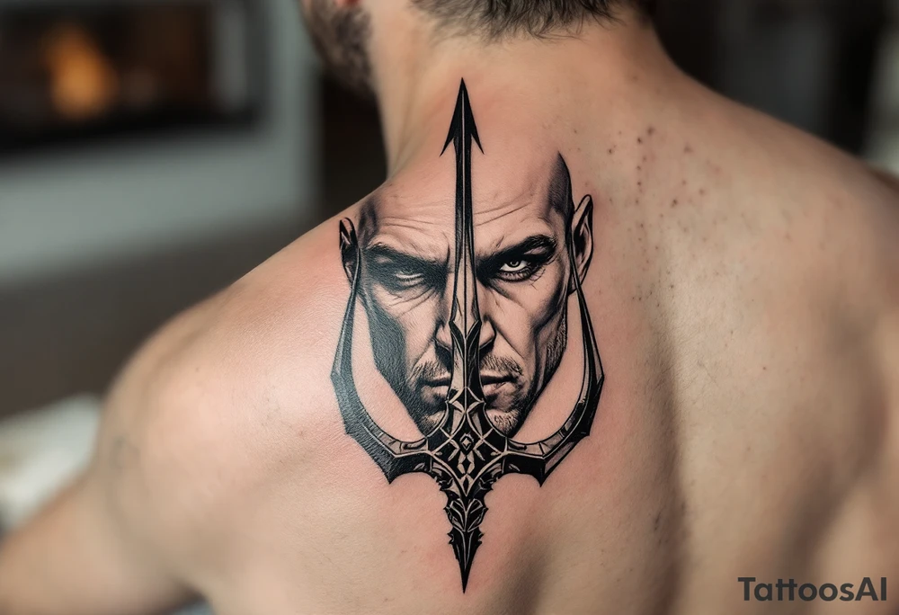 close-up man behind a trident tattoo idea