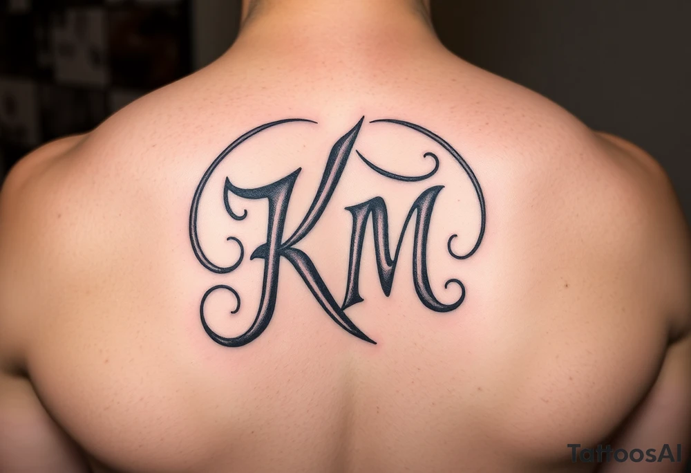 letters only fancy but rugged twisted and intertwined circular arched curvy lettering (KM ) almost like the the roca wear symbol clothing brand trademark tattoo idea