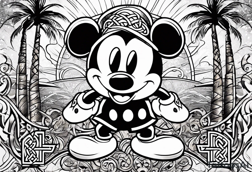 mickey mouse in a lightning storm with palm trees and the celtic symbol for family tattoo idea