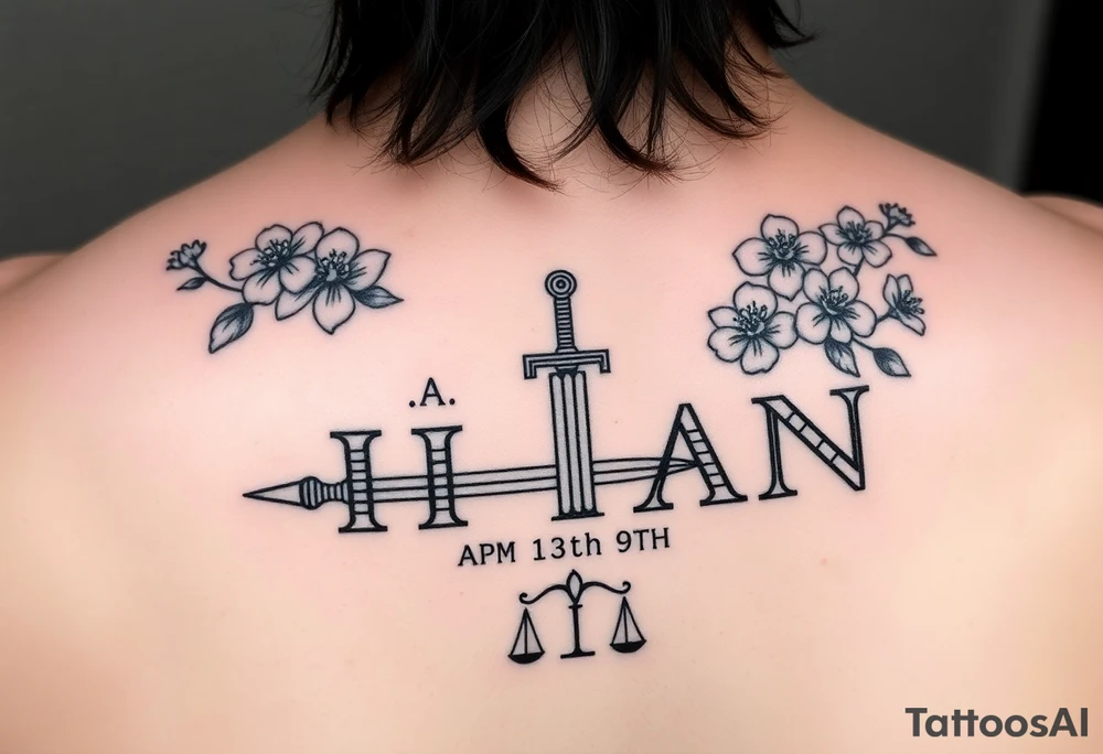 Name ‘Titan’ with birthday, Greek mythology inspired font with mini swords the T in Titan is a sword with cherry blossoms flowers in the background of the tattoo with a libra sign tattoo idea