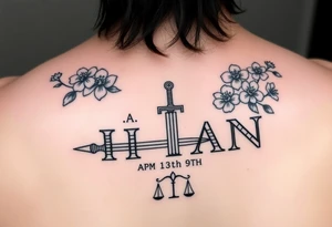 Name ‘Titan’ with birthday, Greek mythology inspired font with mini swords the T in Titan is a sword with cherry blossoms flowers in the background of the tattoo with a libra sign tattoo idea