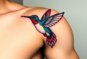 A hummingbird leaving a trail of glowing hieroglyphs as it flies(only red , blue and black are possible colors) tattoo idea