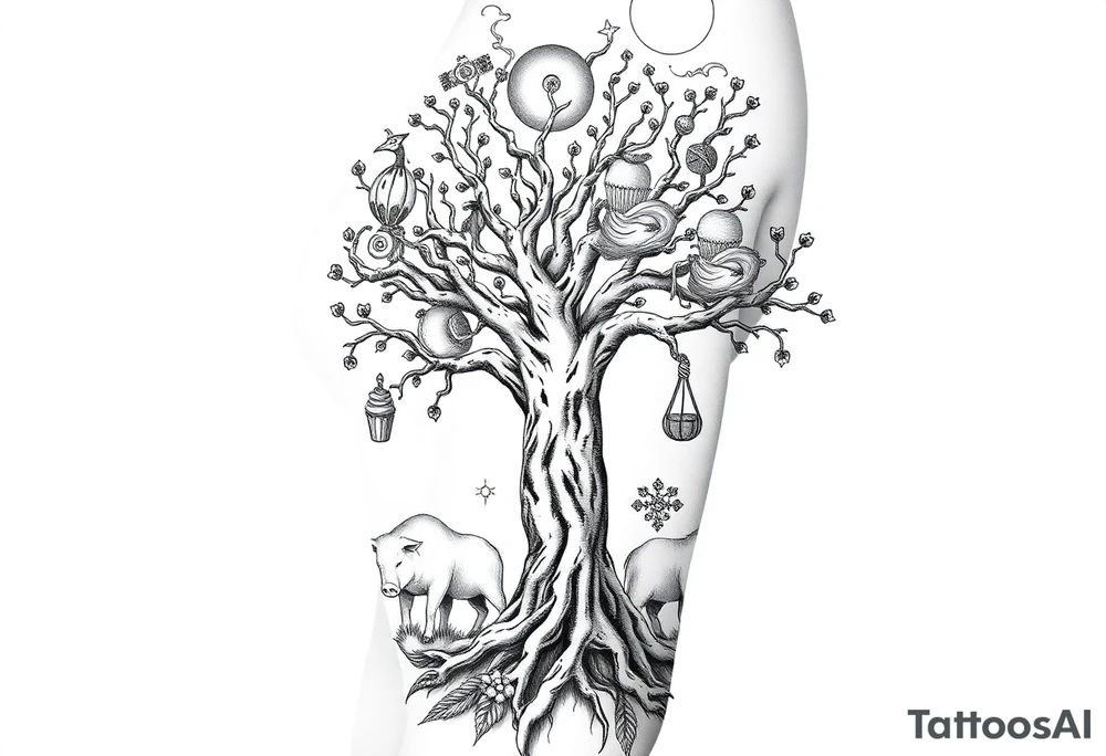 mystical tree of life with cosmic roots and celestial branches fat naked sexy woman , peacock , pig , cupcakes, liquor, cigerette, Storm clouds, pig, peacock , fat sexy naked fat woman, cupcakes, noose , money, goat lion, couple having sex, cigerette storm lightening, killing, darkness death, violent majestic creatures and fat naked girl tattoo idea