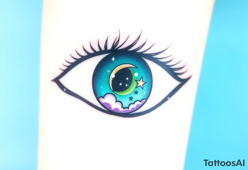 Large outline of an eye shaped like an almond with eye colored greenish blue with long pretty black eyelashes + spade shaped eyeball insyead pf a round eyeball + a crescent moon stars and clouds inside of the eyeball only + using vivid colors like blue green purple light blue light green light purple tattoo idea