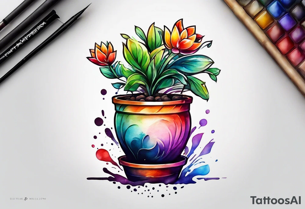 I would like a tattoo of a small-sized flower pot. Coming out of the flower pot should be a flower that has not bloomed yet, but is getting close to blooming. tattoo idea