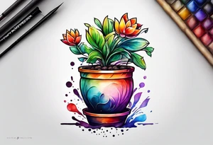 I would like a tattoo of a small-sized flower pot. Coming out of the flower pot should be a flower that has not bloomed yet, but is getting close to blooming. tattoo idea