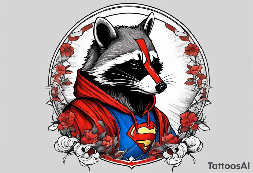 raccoon wearing a Superman hoodie tattoo idea