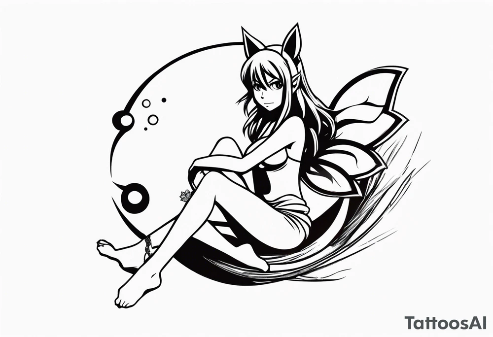 A fairy with a tail inspired by the logo of the anime show called Fairy Tail in a fetal position leaning in tattoo idea