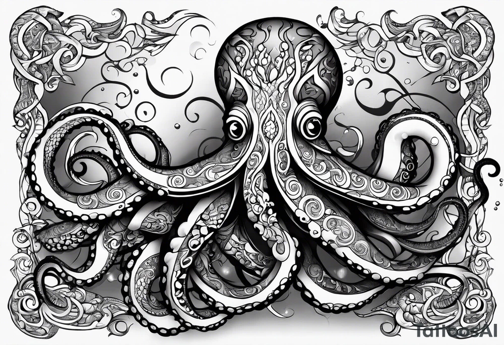 Tribal half sleeve octopus with ribbons around it filled with fish and water waves tattoo idea