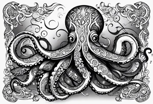 Tribal half sleeve octopus with ribbons around it filled with fish and water waves tattoo idea