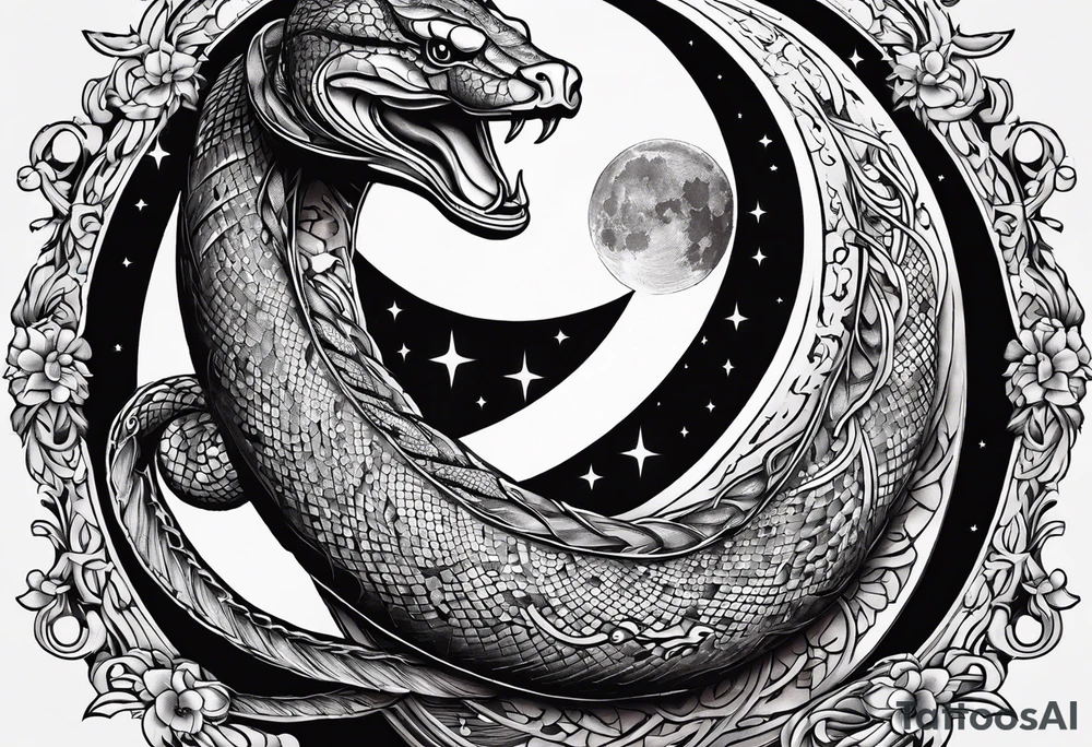 A snake wrapped around a crescent moon, which is connected to the sun which has a cardinal in it tattoo idea