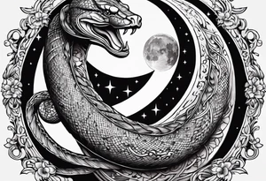 A snake wrapped around a crescent moon, which is connected to the sun which has a cardinal in it tattoo idea