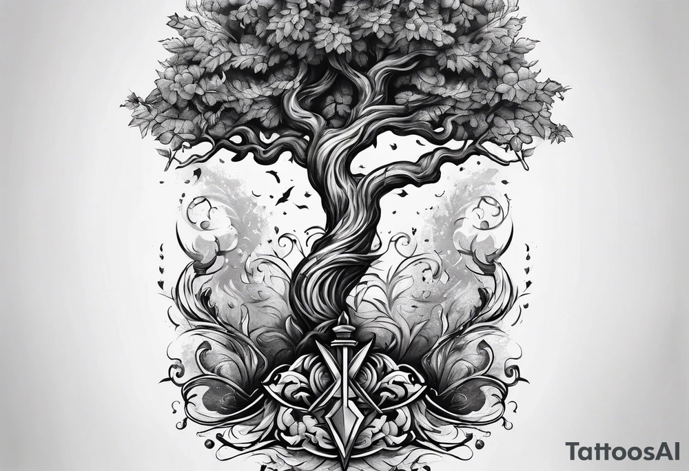 tree-like dagger tattoo idea