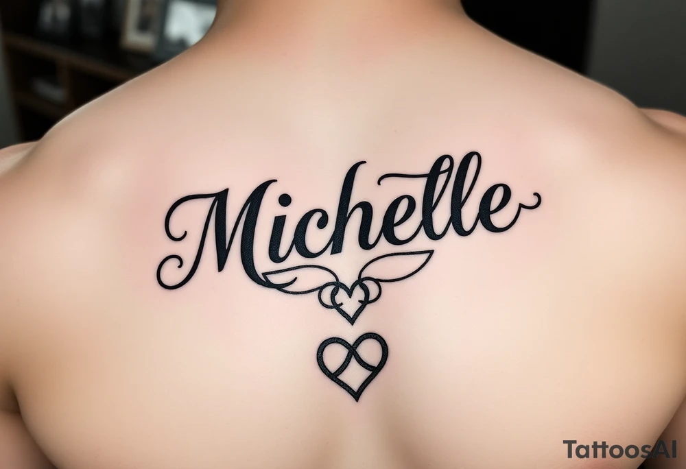 Design a tattoo for a man’s chest of a woman’s name (Michelle). Incorporate a Celtic knot and subtle heart tattoo idea