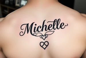 Design a tattoo for a man’s chest of a woman’s name (Michelle). Incorporate a Celtic knot and subtle heart tattoo idea