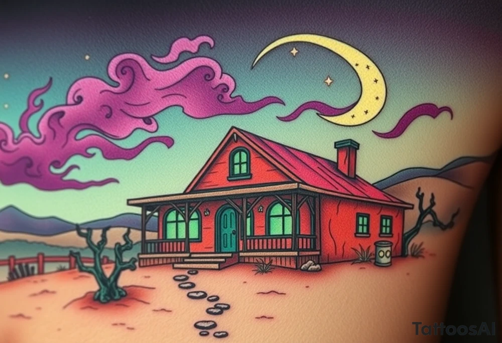 Tim Burton’s haunted desert bungalow is abandoned and dripping with muted reds, dusty pinks, and eerie green glow.purple and cyan smokey clouds swirl in the crescent moonlit sky thats sprinkled with stars tattoo idea tattoo idea