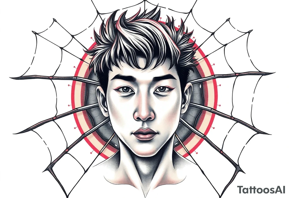 Handsome Asian young guy is behind spider web tattoo idea