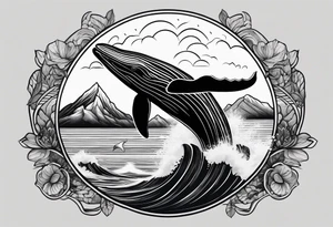 breaching humpback whale with a mountain scene behind it tattoo idea