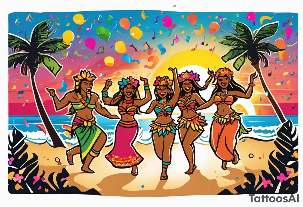 dancing tiki gods dance party on the beach with a sunset in the center of the image with confetti and music notes and sexy hula girls that are blonde and burnette tattoo idea
