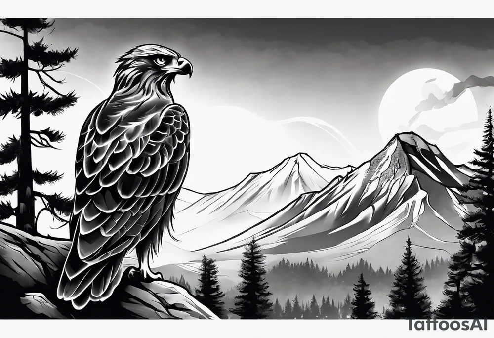Black and grey tattoo of a Hawk beside a wolf in nature tattoo idea