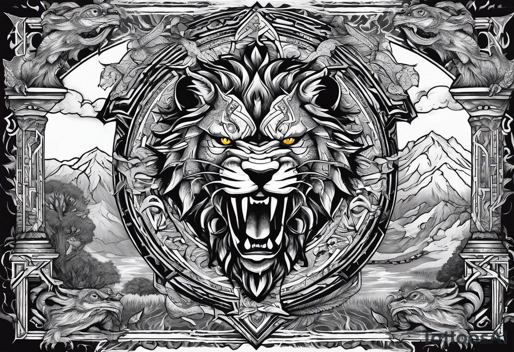 Valhalla sword shield  axe  dragon lion
Valknut  ruins lightnings tattoo idea