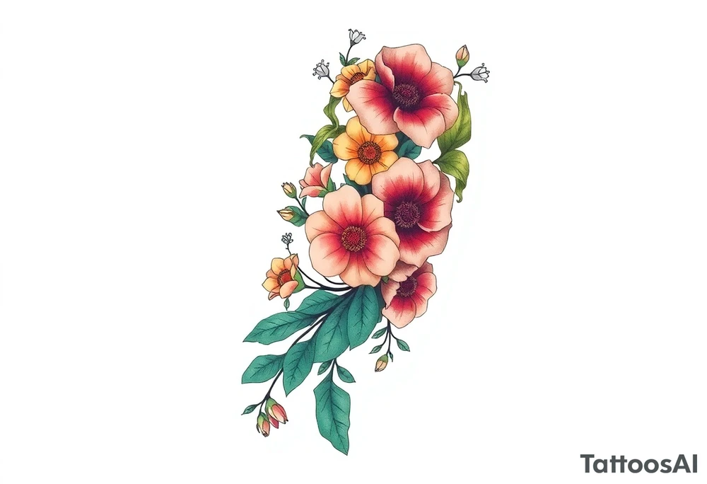 Tribal design with beautiful colorful flowers that reflect the hungarian culture tattoo idea