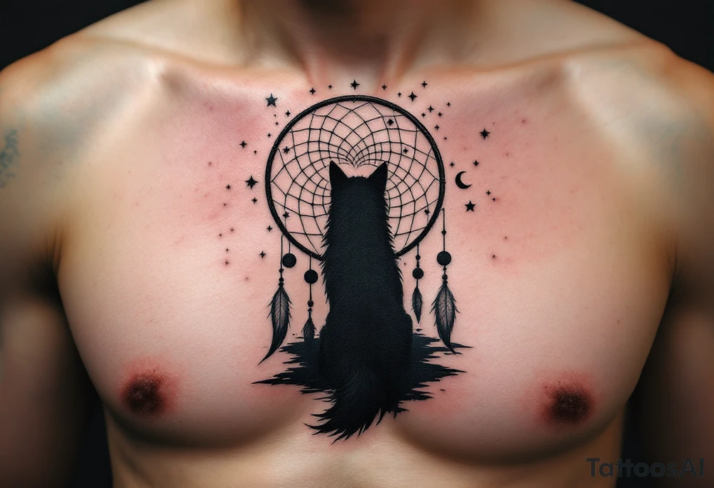 A silhouette of a wolf with its back to the viewer, framed by a dreamcatcher that acts as a border around the design. The web is filled with small, detailed elements like stars and moons. Solid black for the wolf silhouette, soft silver for the moon and stars, and light brown for the dreamcatcher frame. tattoo idea