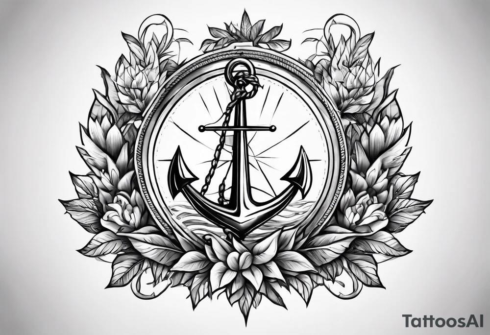 A selucid style anchor in front of a compass and a narrow laurel wreathe wrapped around the compass tattoo idea