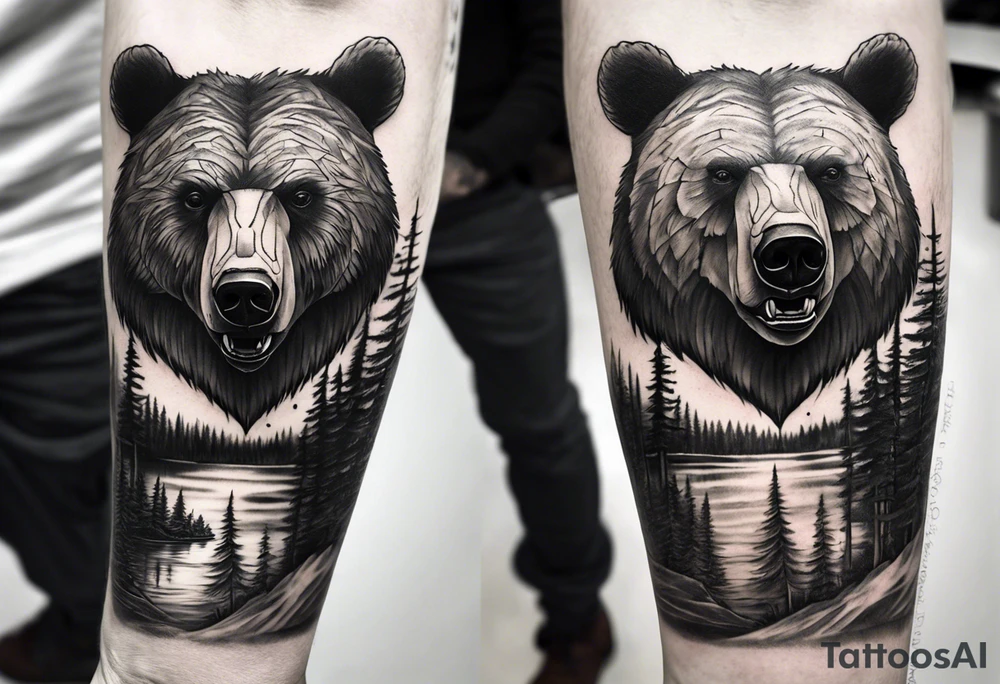 bear head right above the forest line with a lake below, full sleeve tattoo tattoo idea