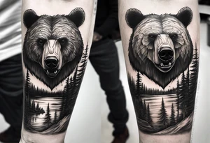 bear head right above the forest line with a lake below, full sleeve tattoo tattoo idea