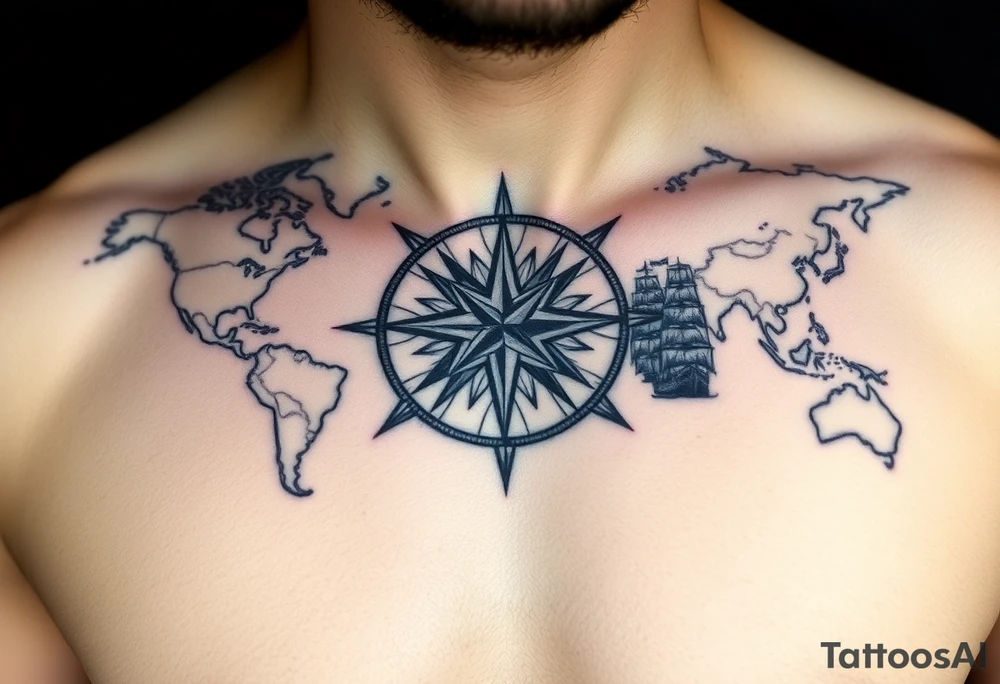 antique compass rose overlaid on weathered world map with sailing ships tattoo idea