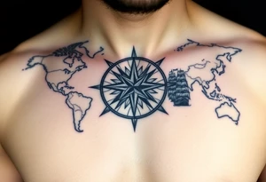 antique compass rose overlaid on weathered world map with sailing ships tattoo idea