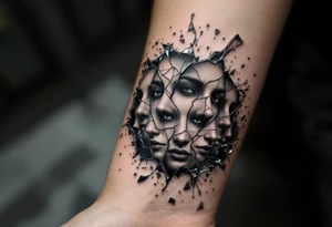 A shattered mirror reflecting different versions of a person’s face, surrounded by swirling silver mist, representing identity and self-discovery. tattoo idea