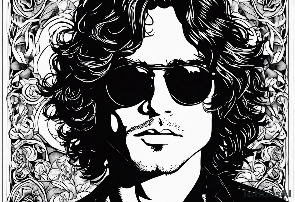would like a black and white sleeve feautiring Jim Morrison (existing)
 on the upper arm, would like roses and psychadelic shapes in between, Hendrix's guitar, Joplins glasses and Johhn Cash portrait tattoo idea