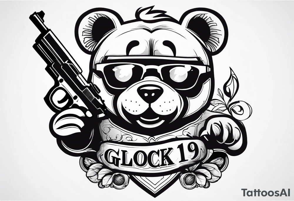 Teddy Baer wit red eyes and Glock 19 in his right hand tattoo idea