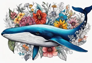 flowers, bold color, collage, blue whale tattoo idea