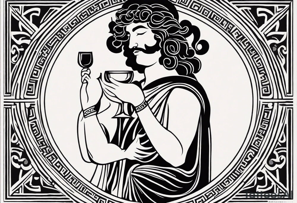 "Craft a minimalist tattoo design in the style of ancient Greek art, featuring Dionysus with his affection for theater. Depict Dionysus in a simplified yet elegant form, reminiscent of classical Greek sculpture, holding a theatrical mask and a goblet of wine. Surround him with subtle geometric patterns or motifs inspired by ancient Greek pottery, such as meanders or key patterns. Ensure the design maintains a minimalist aesthetic while incorporating elements that evoke the sophistication and timelessness of Greek art, capturing Dionysus's connection to both wine and theater in a visually striking manner." tattoo idea