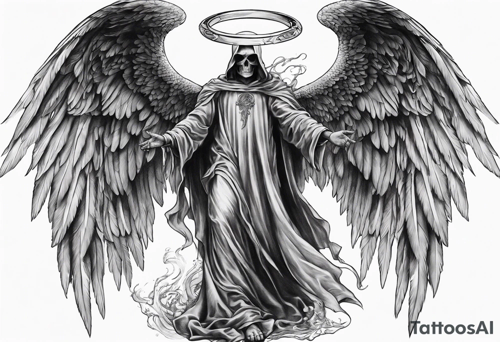 realistic full body of angel of death, without face, man tattoo idea