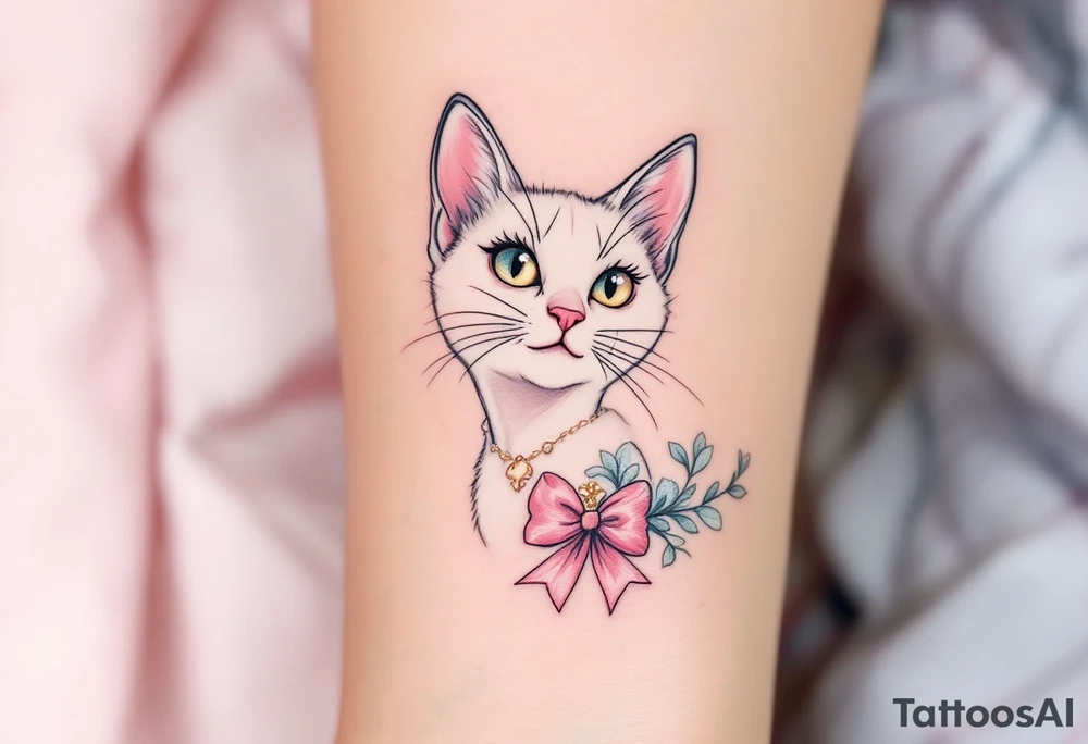A soft white-and-pink cat with pink bow tattoo brings Marie’s elegance from The Aristocats to life. tattoo idea
