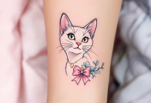 A soft white-and-pink cat with pink bow tattoo brings Marie’s elegance from The Aristocats to life. tattoo idea