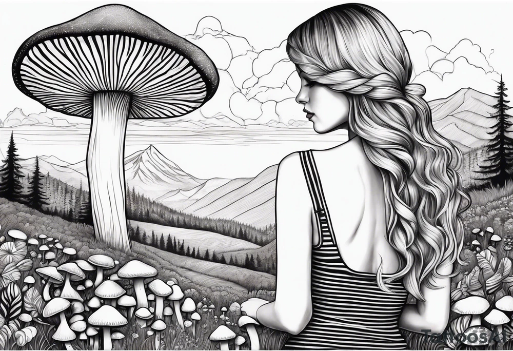 Straight long blonde hair girl in distance holding mushrooms in hand facing away toward mountains surrounded by mushrooms black and white striped dress tattoo idea
