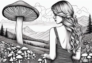 Straight long blonde hair girl in distance holding mushrooms in hand facing away toward mountains surrounded by mushrooms black and white striped dress tattoo idea