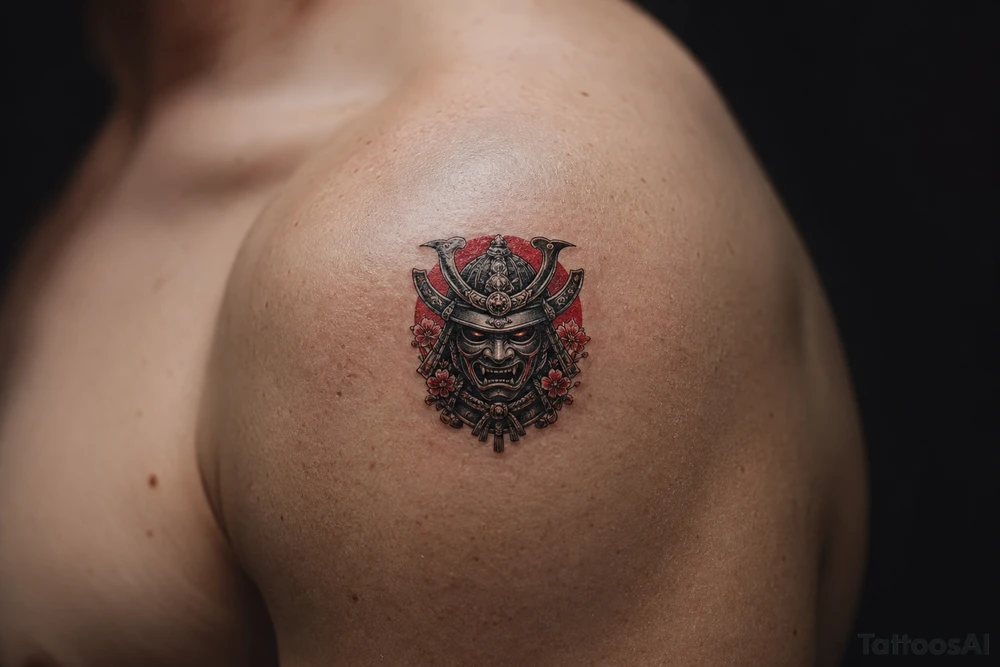 Pop black and grey samurai warrior mask, intricate details, shoulder tattoo idea