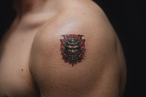 Pop black and grey samurai warrior mask, intricate details, shoulder tattoo idea
