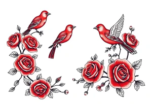 Vintage lace, red roses, red birds, vintage, wrap around, tighter together, no space open tattoo idea