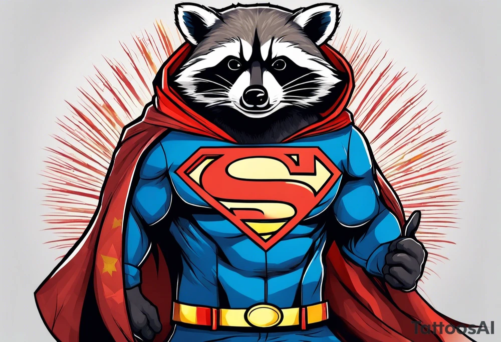 raccoon wearing a Superman hoodie tattoo idea