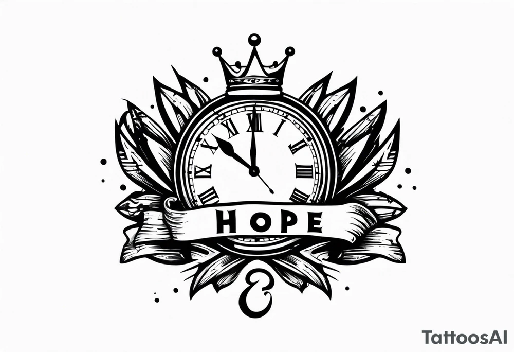 Broken clock with king crown lettering HOPE tattoo idea