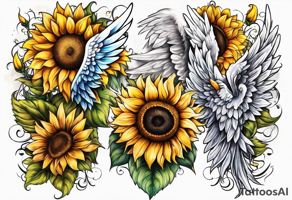 Sunflowers and angel wings leg sleeve tattoo idea